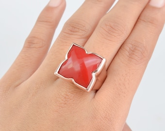 Carnelian Lily Ring, Art Deco 14K Rose Gold Plated Sterling Silver