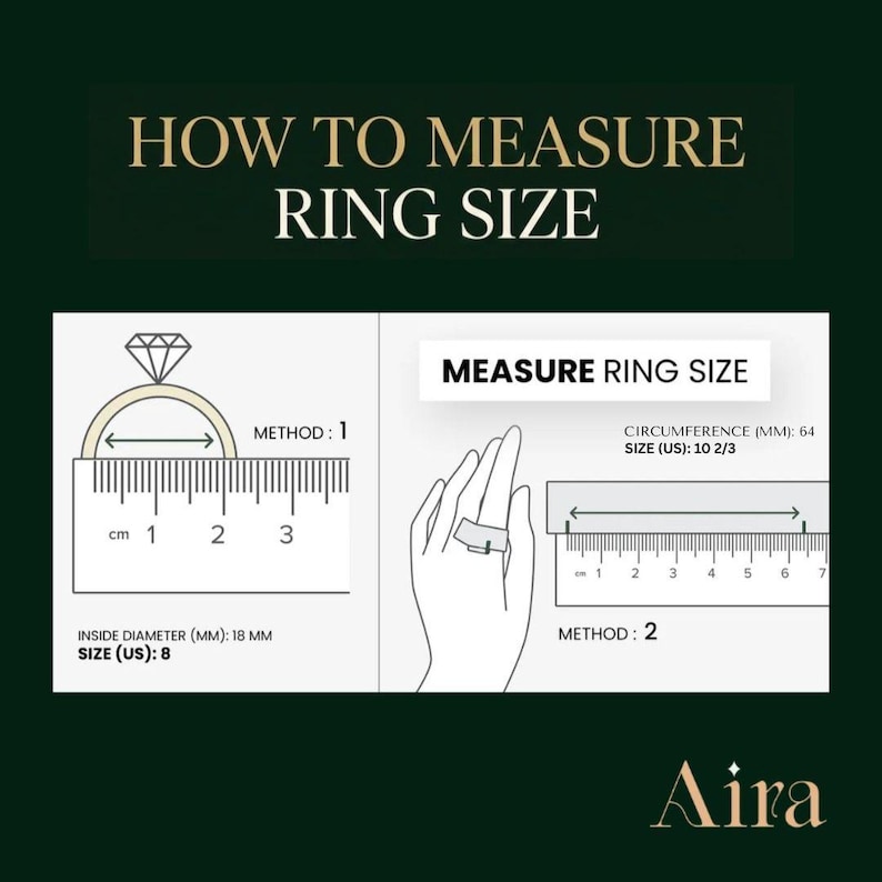 K&ouml;nnte beinhalten: Diagramm zur Messung der Ringgr&ouml;&szlig;e. Es zeigt zwei Methoden: Messung des Innendurchmessers in mm (18mm, US-Gr&ouml;&szlig;e 8) und Messung des Umfangs (64mm, US-Gr&ouml;&szlig;e 10 2/3).