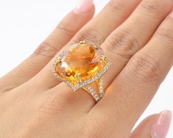 Elegant Concave Faced Citrine Cocktail Ring, Estate Clearance Jewelry, 14K Gold Vermeil Statement Ring, Yellow Statement Jewelry