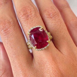 Rubinpläterad ring | 10 karat fantastisk rubin- och vit zirkonring med ädelsten | Cocktailring i 925 sterlingsilver | Smycken med födelsesten i juli