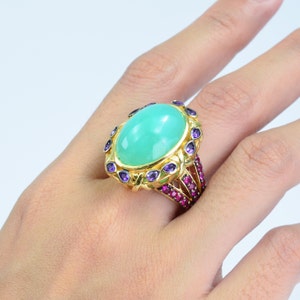 Vintage Statement Ring with RARE 22 Carat Chrysoprase Cabochon, Mint Green Cocktail Ring, Gold Vintage Ring, Estate Jewelry, Gifts for Her