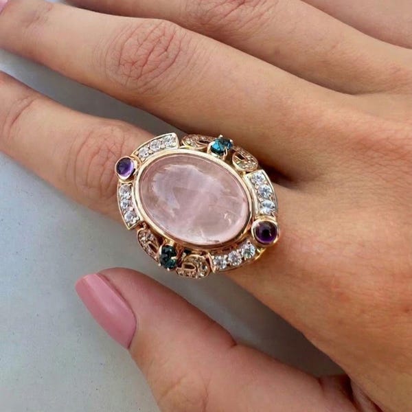 Estate Jewelry Large Rose Quartz Cabochon Ring, Gold Vermeil Ring, Edwardian Chunky Big Cocktail Ring For Her, Art Deco Ring