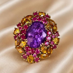 Huge Amethyst Cocktail Ring | Yellow Sapphire & Ruby Statement Ring | Gold Plated 925 Sterling Silver | Large Multi-Gemstone Ring for Her
