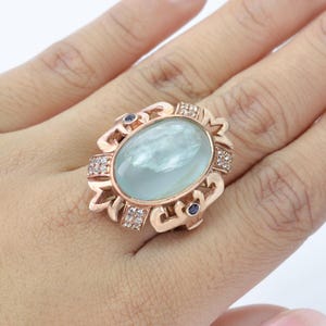 Art Nouveau Era Aquamarine Multi Stone Cocktail Ring, Large Statement Ring, Filigree Gemstone Ring, Aquamarine Cabochon Jewelry