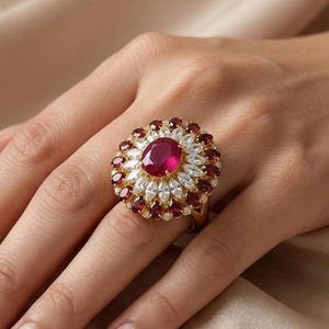 May include: A gold ring with a large, oval ruby at its centre, encircled by white and red gemstones. The ring has a floral design, with the gemstones arranged in a circular pattern. The ring is on a finger.