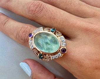 Nachlass Schmuck Großer 14.5 Karat Aquamarin Cabochon Ring, Gold Vermeil Ring, Edwardianischer Chunky Ring, Großer Cocktail Ring Für Sie, Art Deco Ring