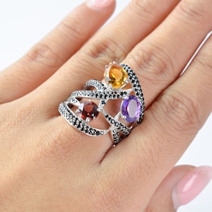 Unique Art Deco Inspired Vintage Multi-Stone Cocktail Ring, Vibrant Gemstone Ring, Chunky Cocktail Ring, Rope Ring, Gemstone Filigree Ring