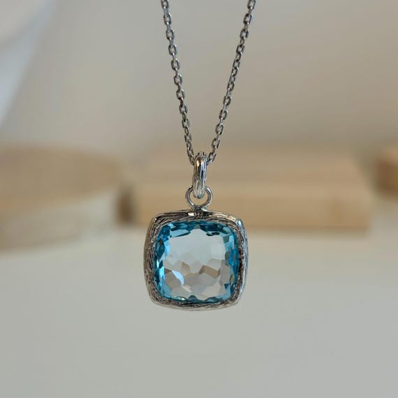 Sky Blue Topaz Necklace, 925 Sterling Silver Cushion Cut Pendant