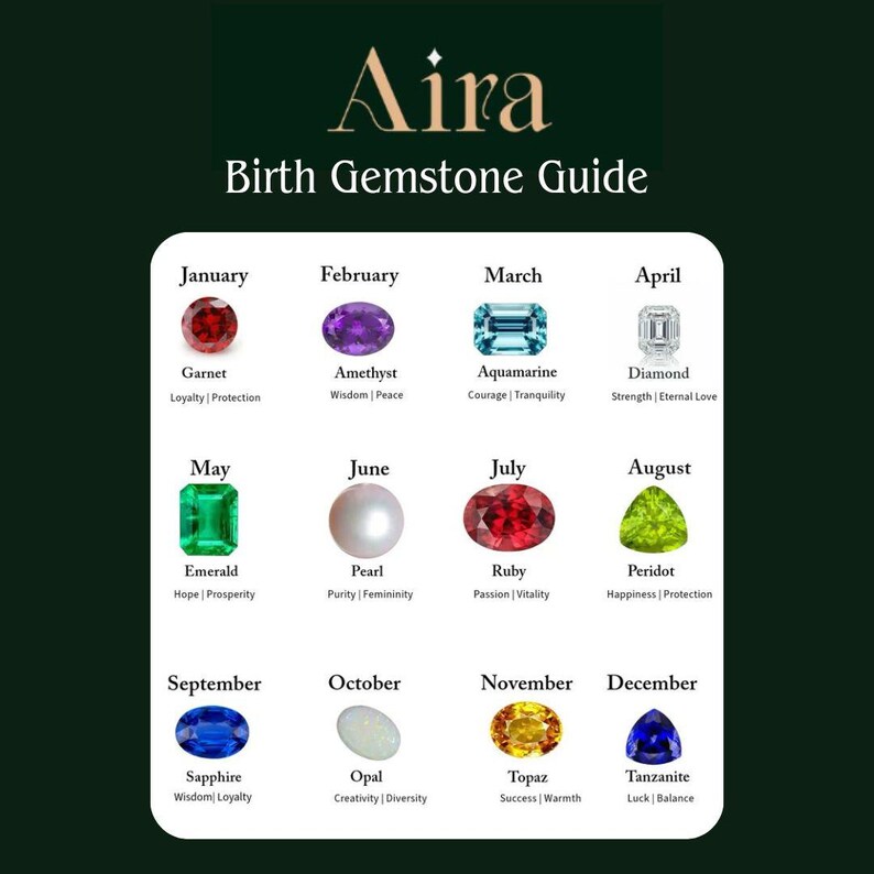 K&ouml;nnte beinhalten: Aira Geburtsstein-F&uuml;hrer mit dunkelgr&uuml;nem Hintergrund. Der F&uuml;hrer zeigt Edelsteine f&uuml;r jeden Monat, darunter Granat, Amethyst, Aquamarin, Diamant, Smaragd, Perle, Rubin, Peridot, Saphir, Opal, Topas und Tansanit.