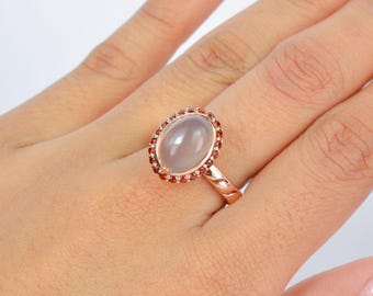 Unique Art Nouveau Era Chalcedony Cocktail Ring, Grey Gemstone Ring, Textured Statement Ring, Rose Gold Multi Stone Vintage Ring