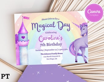 Invito di compleanno unicorno modificabile, Invito di compleanno magico, Ragazza di invito per il 7° compleanno, Modello di invito, Download istantaneo