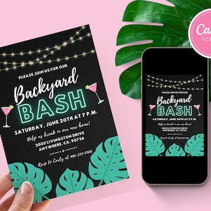 Modello modificabile di invito Backyard Bash, invito personalizzato per l'inaugurazione della casa, download istantaneo, modello Canva, stampa o invito di testo