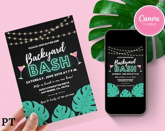 Modello modificabile di invito Backyard Bash, invito personalizzato per l'inaugurazione della casa, download istantaneo, modello Canva, stampa o invito di testo
