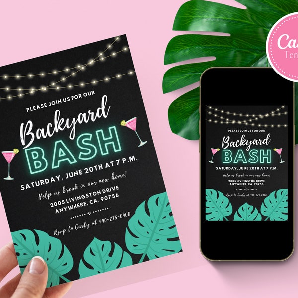 Editable Backyard Bash Invitation Template, Housewarming personalized invite, Instant Download, Canva Template, Print or text invite