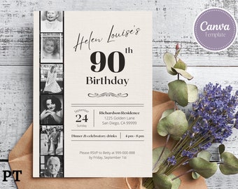 Editable 90th Birthday Invitation With Photos, 90th Birthday Invite, Invitation Template, Printable Birthday Invitation, Instant Download