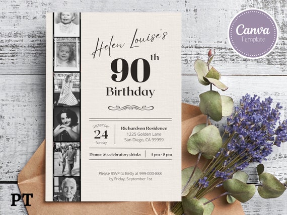 Editable 90th Birthday Invitation With Photos, 90th Birthday Invite, Invitation Template, Printable Birthday Invitation, Instant Download