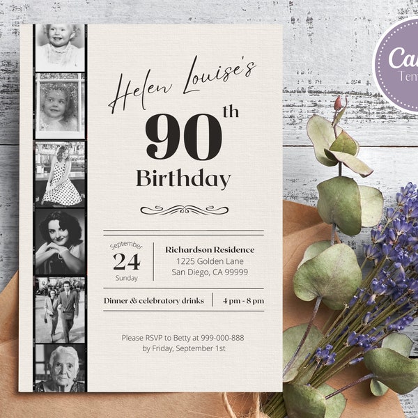 Editable 90th Birthday Invitation With Photos, 90th Birthday Invite, Invitation Template, Printable Birthday Invitation, Instant Download