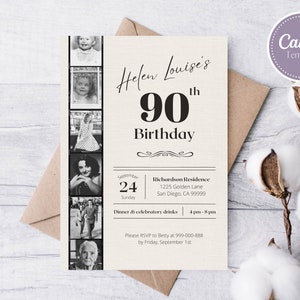 May include: A vintage-style 90th birthday party invitation featuring a black and white photo collage of a woman at different ages. The invitation includes the text "Helen Louise's 90th Birthday" in a decorative font. The invitation also includes the date, time, and location of the party.