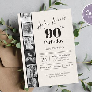 May include: A black and white photo birthday invitation for Helen Louise's 90th birthday. The invitation features a photo collage of Helen at different ages, the date and time of the event, and the location. The invitation also includes a request to RSVP by a specific date.