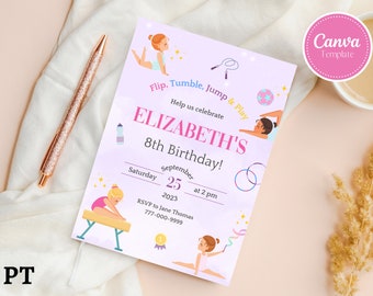 Invito di compleanno di ginnastica modificabile, Inviti di ginnastica stampabili, Invito alla festa di compleanno della ragazza, Modello di invito, Download istantaneo