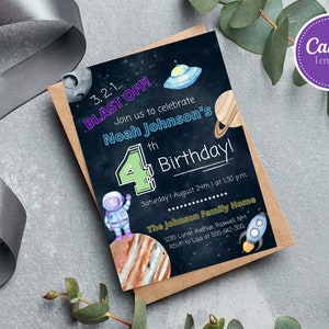 May include: A space-themed birthday invitation with a black chalkboard background. The invitation features a rocket, planets, a spaceship, and an astronaut. The text reads "3,2,1... BLAST OFF! Join us to celebrate Noah Johnson's 4th Birthday! Saturday 1 August 24th at 1:30 pm. The Johnson Family Home 1235 Lunar Avenue. Roswell NM RSVP to Lisa at 555-942-300"