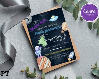 Invito di compleanno spaziale modificabile, Invito di compleanno ragazzo 5x7, Invito perso nello spazio, Invito stampa o testo, Download istantaneo, Modello Canva