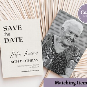 May include: Save the Date card for Helen Louise's 90th birthday party. The card is white with black text and features a handwritten style font for the name. The date and location of the party are listed below the name. The text "Formal invitation to follow" is at the bottom of the card.