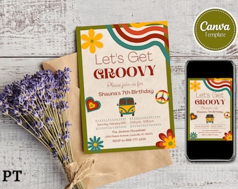 Modello modificabile di invito di compleanno Groovy, Invito anni '70, Invito di compleanno Groovy, Modello Canva, Download istantaneo, Invito di testo