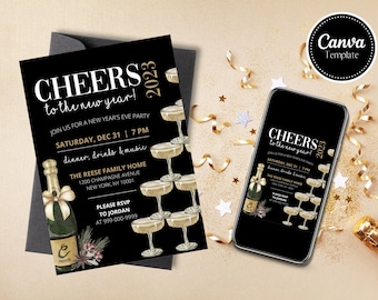Invito modificabile alla festa di Capodanno, Invito di Capodanno 2023, Invito di Capodanno digitale, Invito nero e oro, Invito di stampa o testo, Download istantaneo
