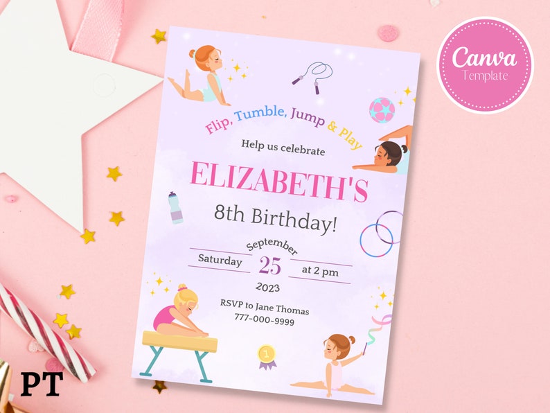 Editable Gymnastic Birthday Invitation, Printable Gymnastics