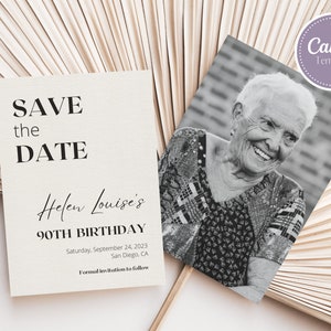 Bearbeitbare 90. Geburtstag Save the Date mit Foto, 90. Geburtstag, Save the Date Vorlage, druckbare Geburtstag Save the Date, Sofortiger Download
