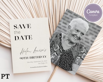 90° compleanno modificabile Salva la data con foto, 90° compleanno, Modello salva la data, Compleanno stampabile Salva la data, Download istantaneo