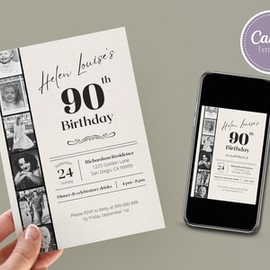 May include: Black and white photo collage birthday invitation with the text "Helen Louise's 90th Birthday" and details for a party on 24th September.