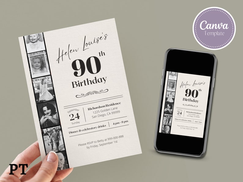 May include: Black and white photo collage birthday invitation with the text "Helen Louise's 90th Birthday" and details for a party on 24th September.