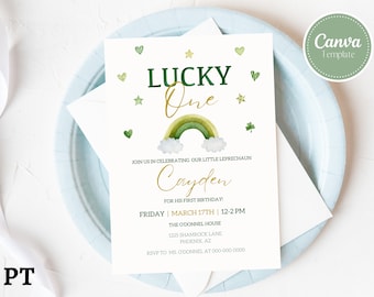 Modello modificabile di invito di compleanno Lucky One, primo invito del giorno di San Patrizio, primo invito alla festa di compleanno, compleanno di marzo, download istantaneo