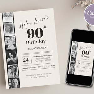 May include: Black and white photo collage birthday invitation for Helen Louise's 90th birthday. The invitation includes a date, time, location, and RSVP information. The invitation is on a cream background with black text.