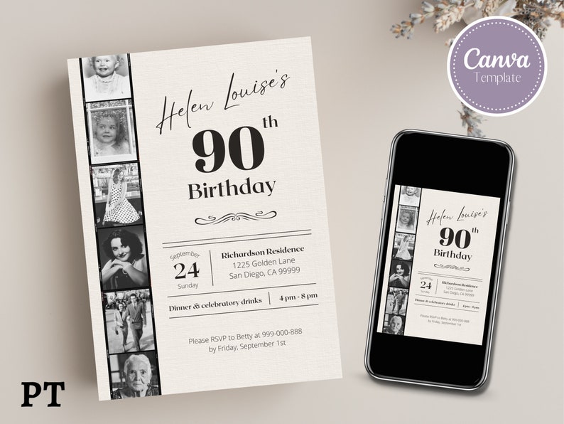 May include: Black and white photo collage birthday invitation for Helen Louise's 90th birthday. The invitation includes a date, time, location, and RSVP information. The invitation is on a cream background with black text.
