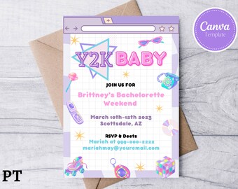 Invito ad addio al nubilato Y2K modificabile, Invito alla festa di addio al nubilato del 2000, Invito alla festa Y2K, Invito al fine settimana di addio al nubilato, Download istantaneo