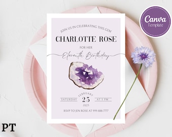 Invito di compleanno di pietre preziose modificabile, Invito di compleanno della ragazza, Invito di pietra portafortuna di febbraio, Invito di geologia, Invito di stampa o testo