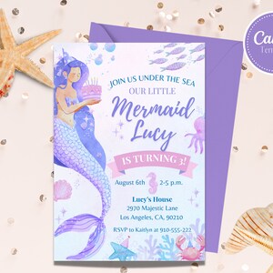 Editable Mermaid Invitation, 3rd Birthday Invite, Mermaid Birthday Invitation, Under The Sea Invite, Print or Text Invite, Girl&#39;s Birthday