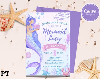 Invito sirena modificabile, invito per il 3° compleanno, invito compleanno sirena, invito sotto il mare, invito stampa o testo, compleanno della ragazza