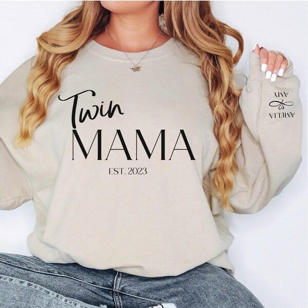 Personalized Twin Mama Sweatshirt with Kids Names on Sleeve,Twin Mama Sweatshirt,Custom Twin Mom,Twin Mom Sweatshirt,Custom Mom Sweatshirt