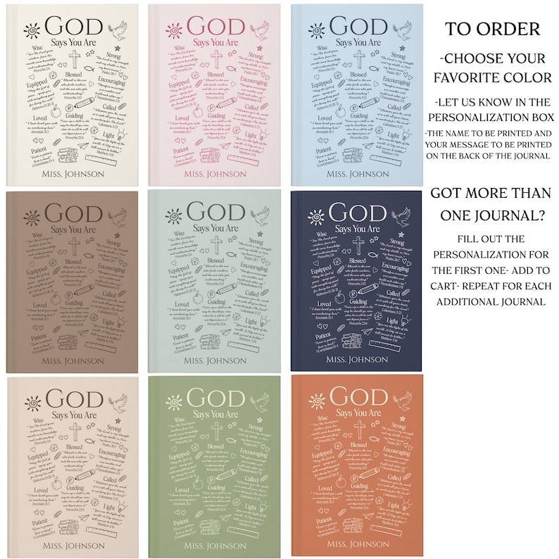 May include: A collection of journals in various colors, each featuring the text "GOD Says You Are" with decorative elements. The journals have a personalized name at the bottom. The image also includes instructions on how to order and personalize the journals.