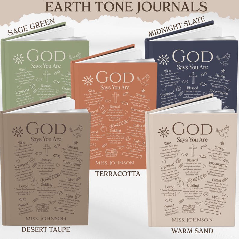 May include: Earth tone journals in sage green, midnight slate, terracotta, desert taupe, and warm sand. Each journal cover features the text "GOD Says You Are" with inspirational words and symbols. The journals are open, revealing blank pages.