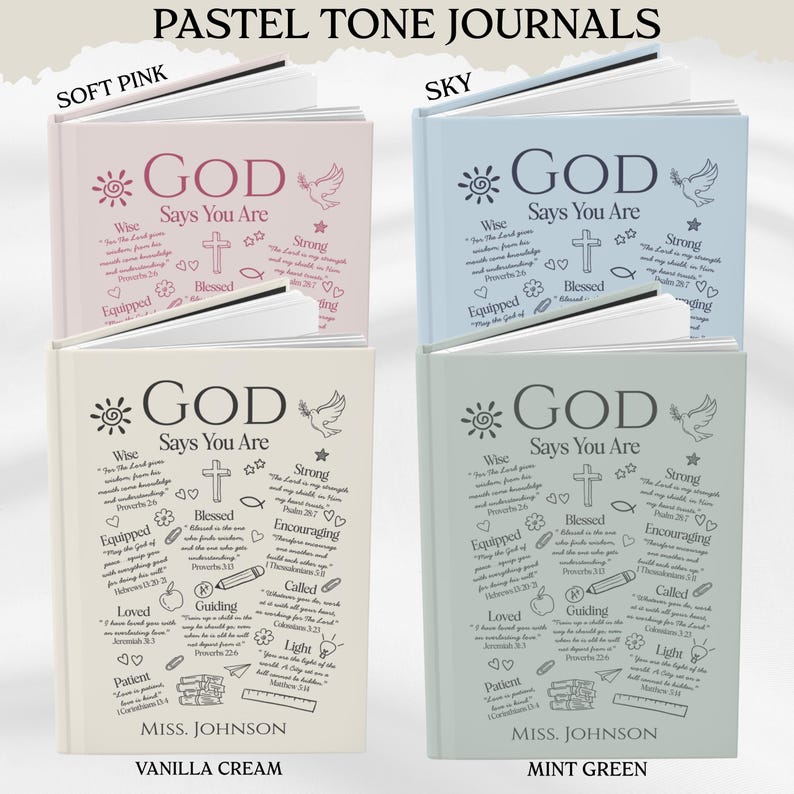 May include: Four pastel-colored journals with the text "GOD Says You Are" and inspirational words. The journals are in soft pink, sky blue, vanilla cream, and mint green. Each journal has a spiral binding and a decorative sun, dove, and cross.