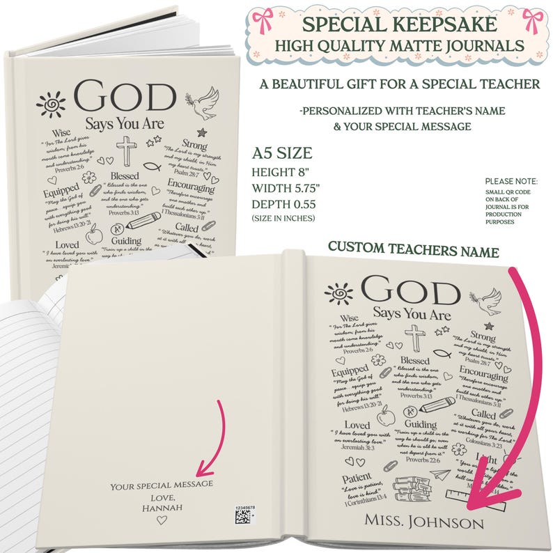 God Says You Are Journal, Personalized Christian Teacher Gift ,Custom Notebook With Bible Verse,End of Year Teacher Appreciation Gift image 5