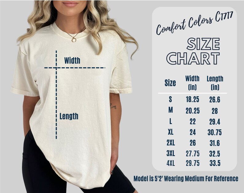 May include: Size chart for a t-shirt with measurements in inches. The chart shows the width and length of the shirt in sizes S, M, L, XL, 2XL, 3XL, and 4XL. The model is 5'2" and wearing a size Medium for reference.