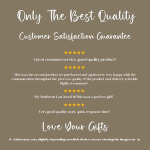 May include: A brown background with white text that reads "Only The Best Quality" and "Customer Satisfaction Guarantee." Below are customer reviews with star ratings. The phrase "Love Your Gifts" is at the bottom.