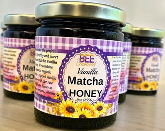 Vanilla Matcha Honey - Infused Raw Wildflower and Matcha - dark green