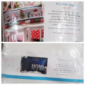 May include: Two packages of pillow inserts for home decor. The first package features a white background with the text "PILLOW INSERT 16 x 38" and a red and white pillow with a winter scene. The second package features a white background with the text "PILLOW INSERT 12 x 18" and a blue pillow with the word "HOME" embroidered on it.